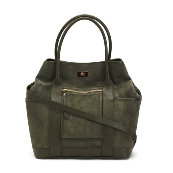 LA VIA Olive Suede And Leather Tote With Multiple Pockets - Picture 1 of 2